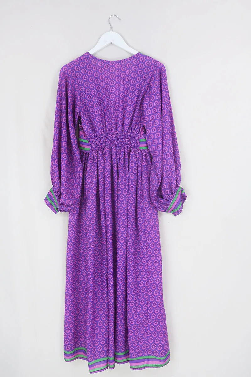 Rosemary Maxi Dress - Vintage Indian Sari - Fuchsia & Sapphire Flower Motif - Size XS/S