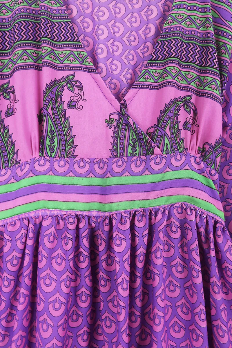 Rosemary Maxi Dress - Vintage Indian Sari - Fuchsia & Sapphire Flower Motif - Size XS/S