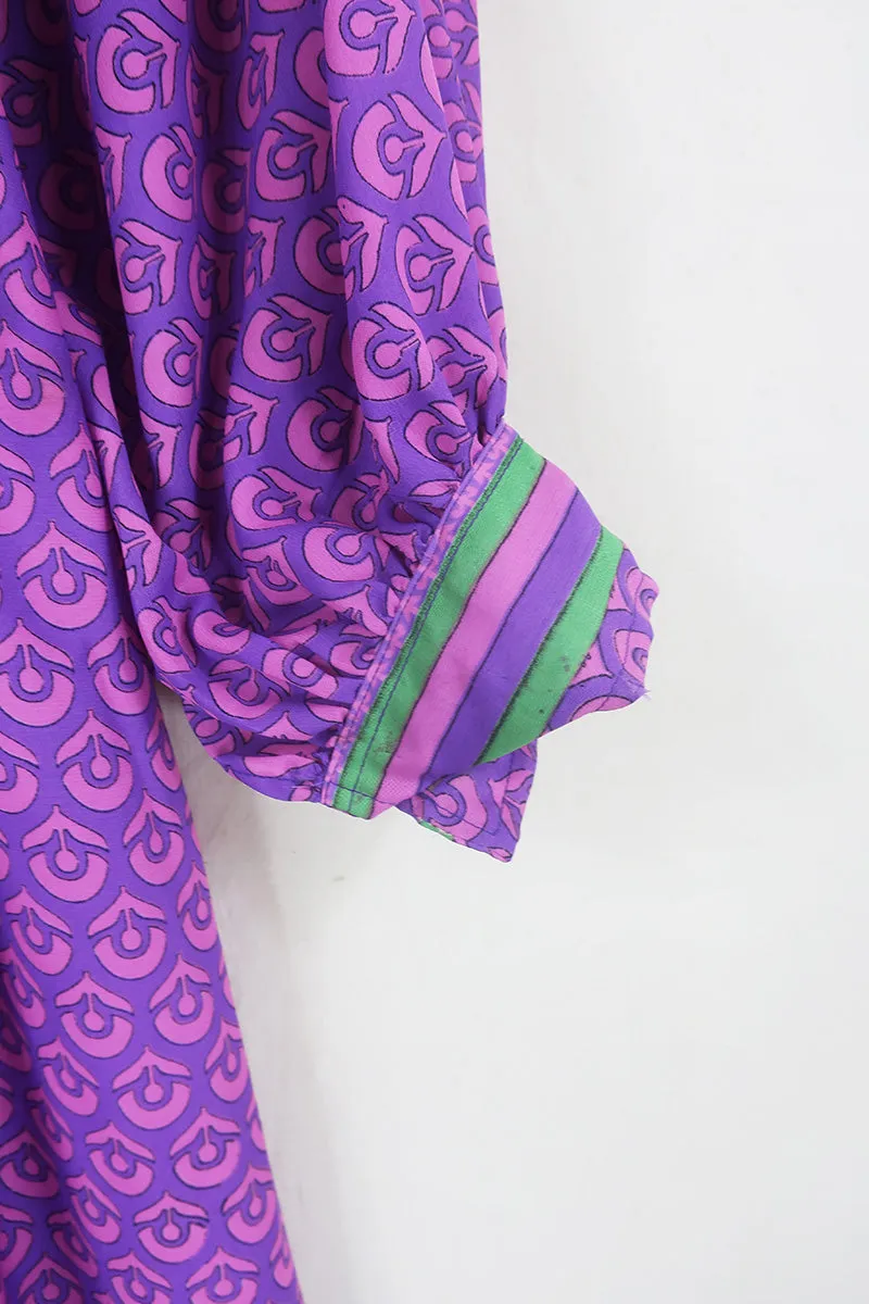 Rosemary Maxi Dress - Vintage Indian Sari - Fuchsia & Sapphire Flower Motif - Size XS/S