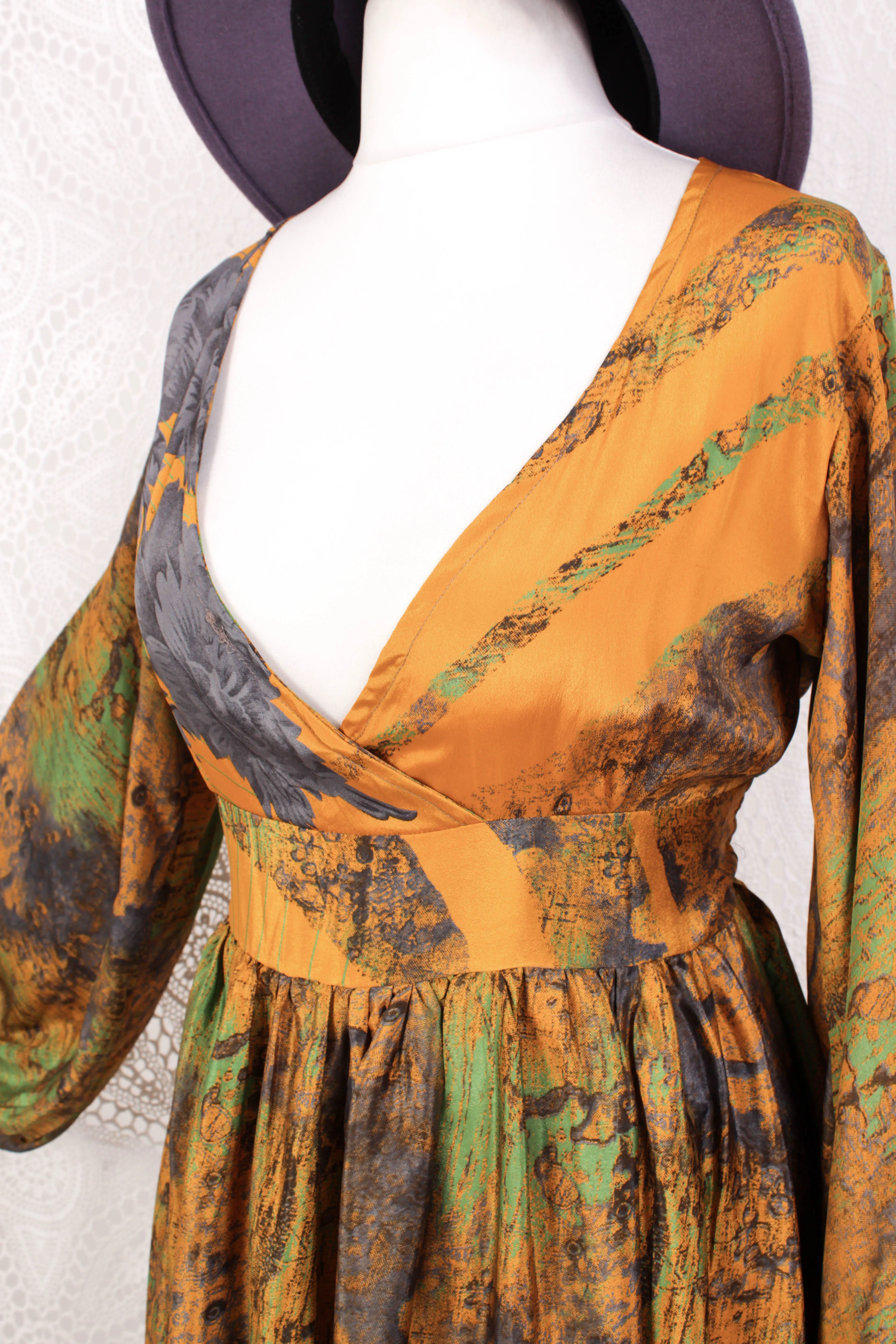 Rosemary Maxi Dress - Vintage Indian Sari - Mustard, Slate & Green Abstract -XS/S