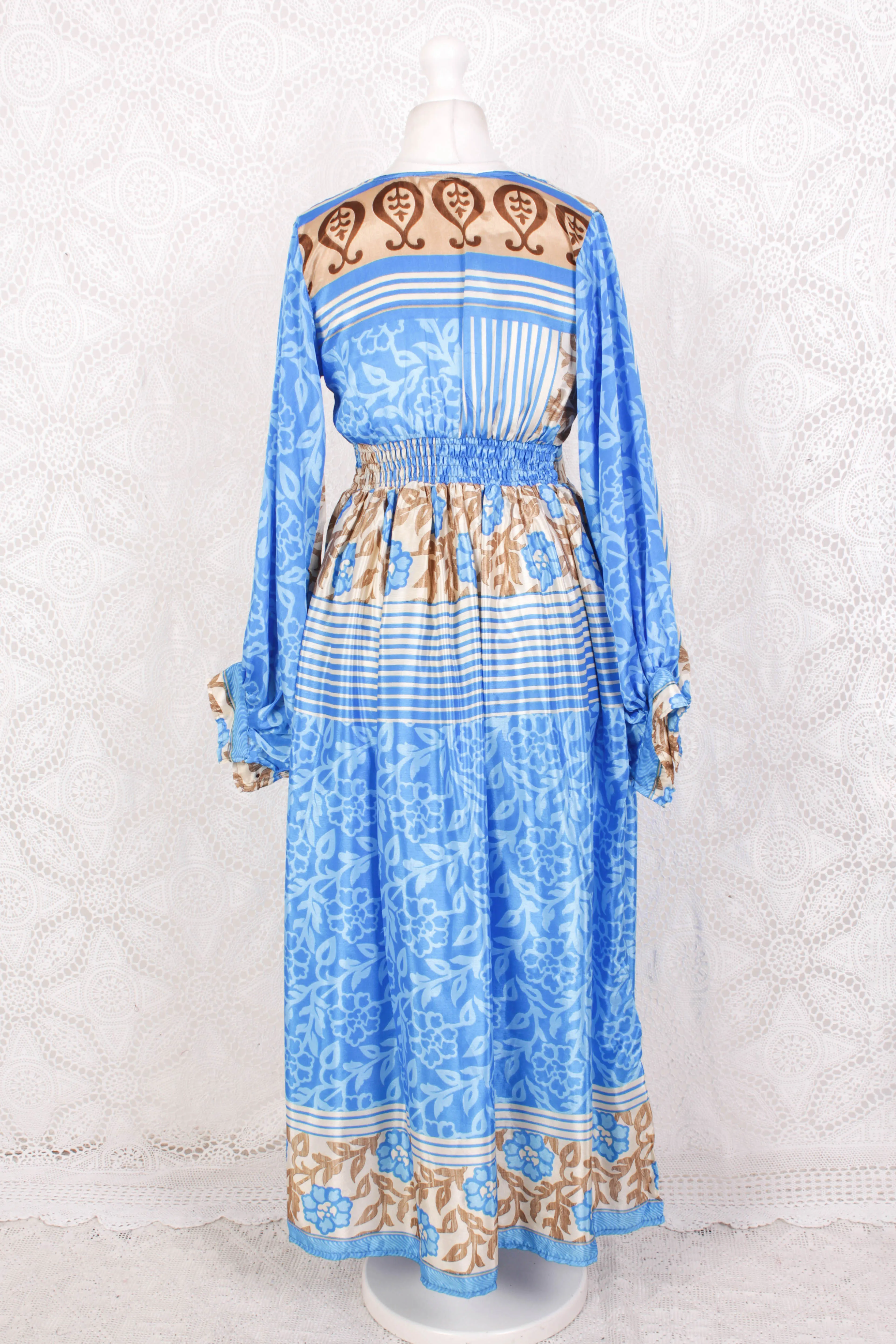 Rosemary Maxi Dress - Vintage Indian Sari - Summer Ocean & Beige Floral - S/M