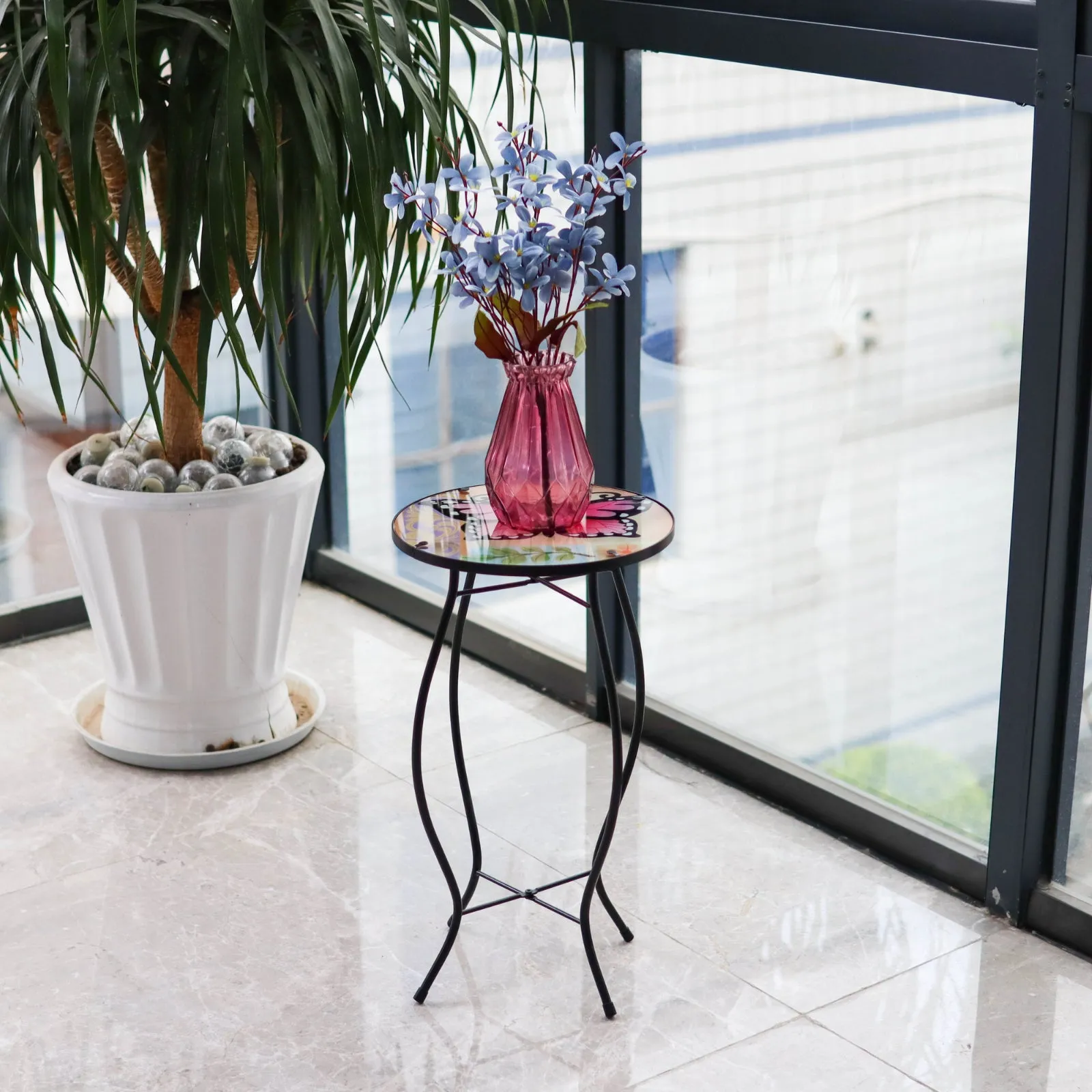 Round Side Mosaic Table With Large Butterfly Design