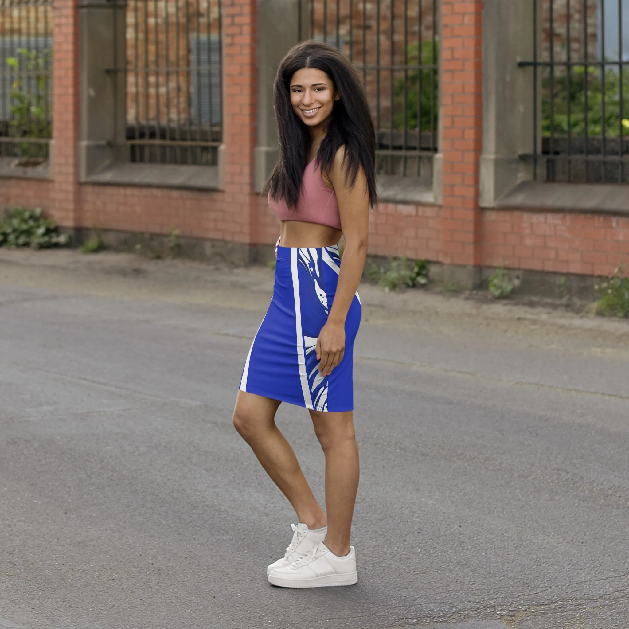 Royal Bue and White Women's Mid-Waist Pencil Skirt (AOP)
