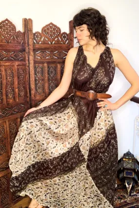 Siren Maxi Dress - Bronze Brown & Diamond White Floral - Vintage Indian Silk - XS-M