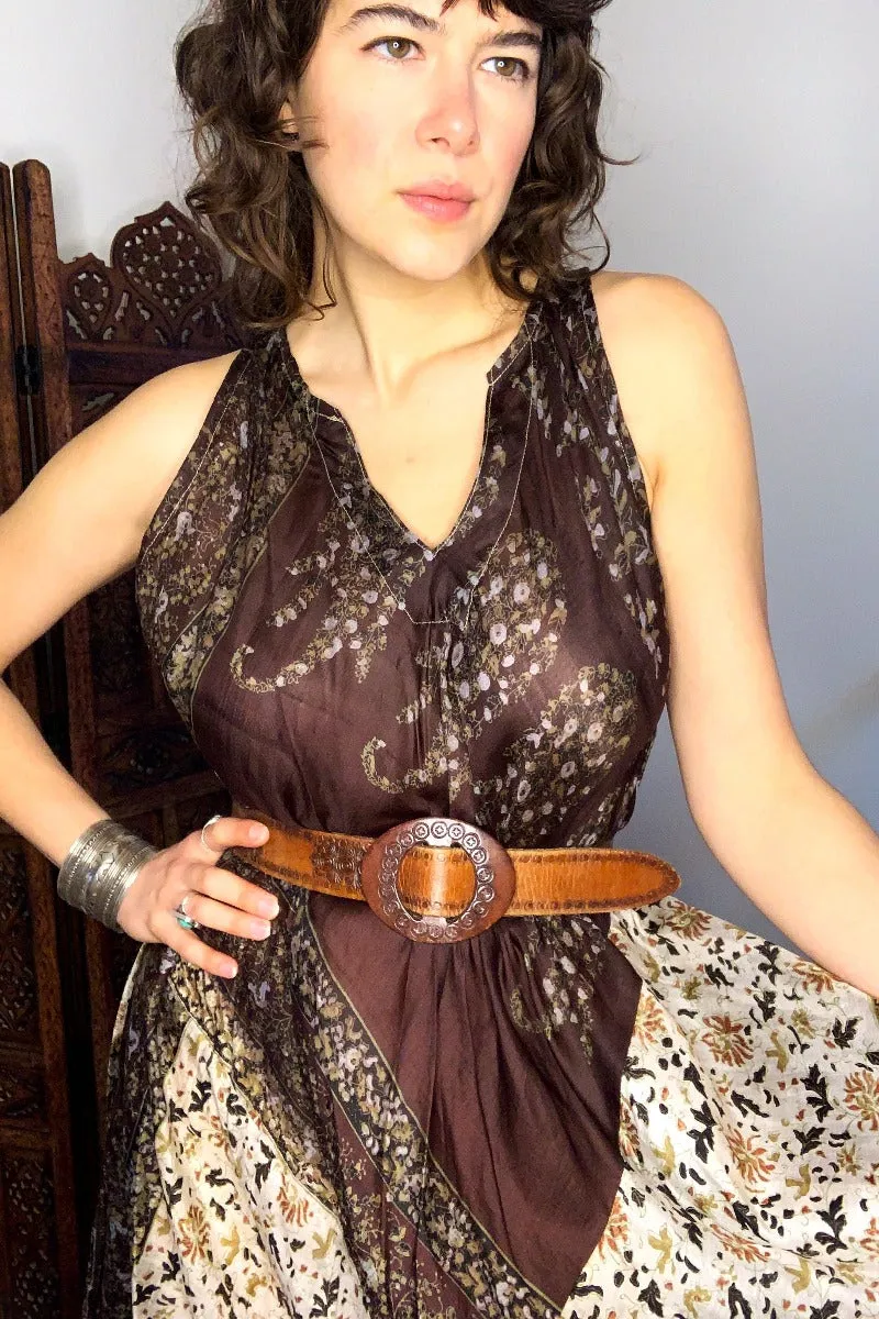 Siren Maxi Dress - Bronze Brown & Diamond White Floral - Vintage Indian Silk - XS-M