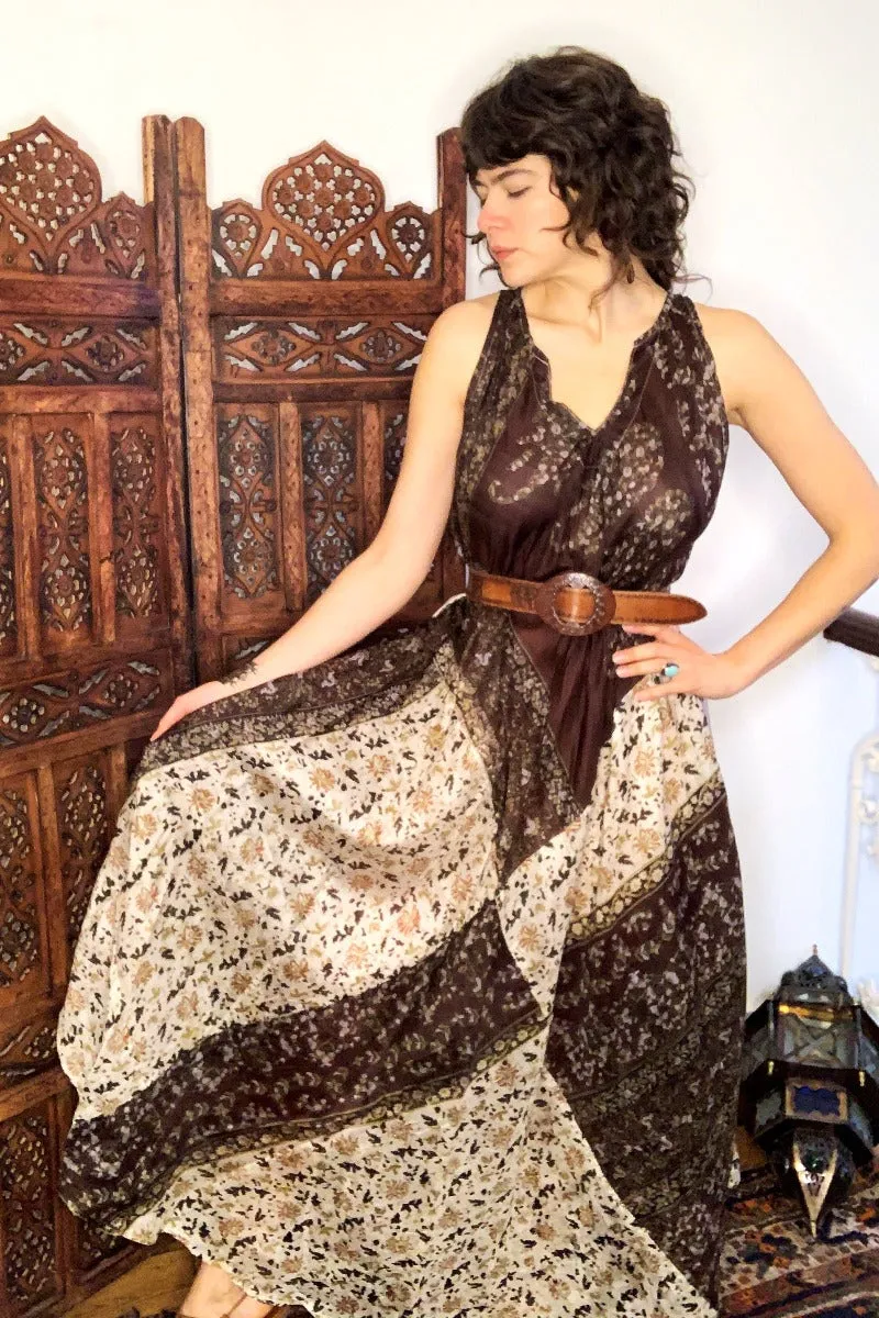 Siren Maxi Dress - Bronze Brown & Diamond White Floral - Vintage Indian Silk - XS-M