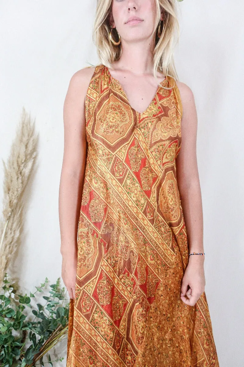 Siren Maxi Dress - Honey Suckle and Cinnamon Ornate Motif - Vintage Indian Silk - M/L