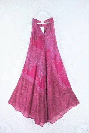 Siren Maxi Dress - Snapdragon Pink & Aqua Floral - Vintage Indian Silk - XS-M/L