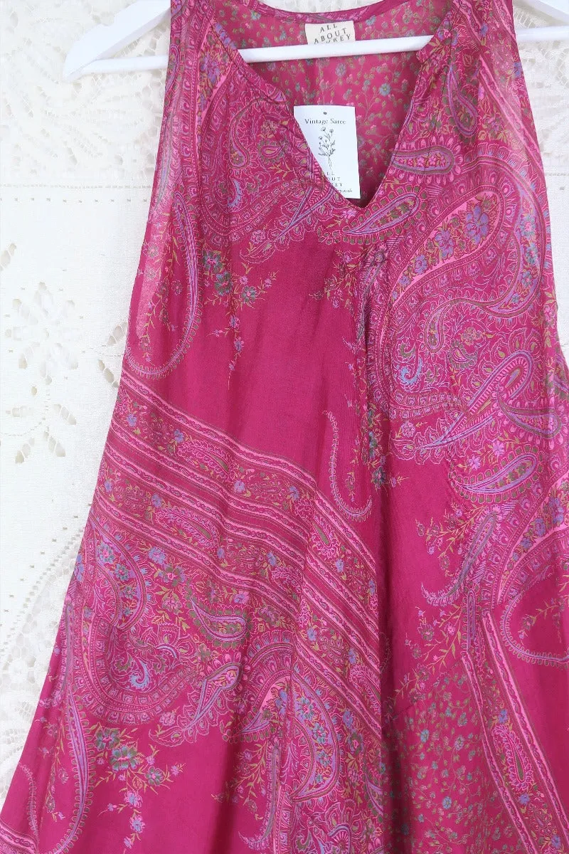 Siren Maxi Dress - Snapdragon Pink & Aqua Floral - Vintage Indian Silk - XS-M/L