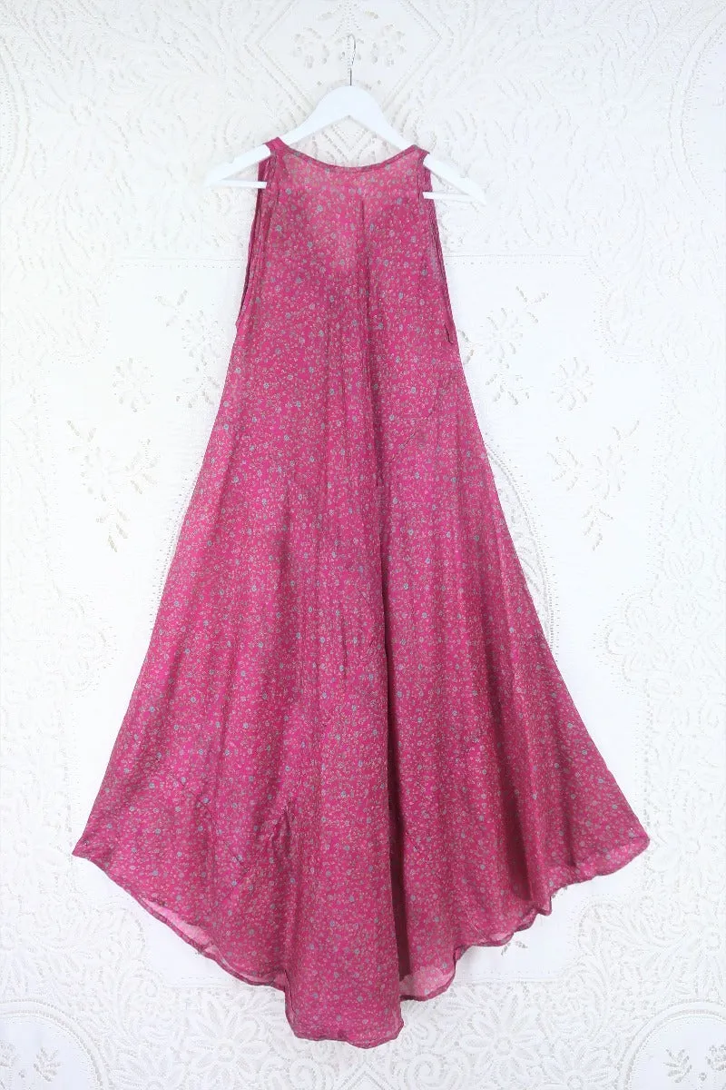 Siren Maxi Dress - Snapdragon Pink & Aqua Floral - Vintage Indian Silk - XS-M/L