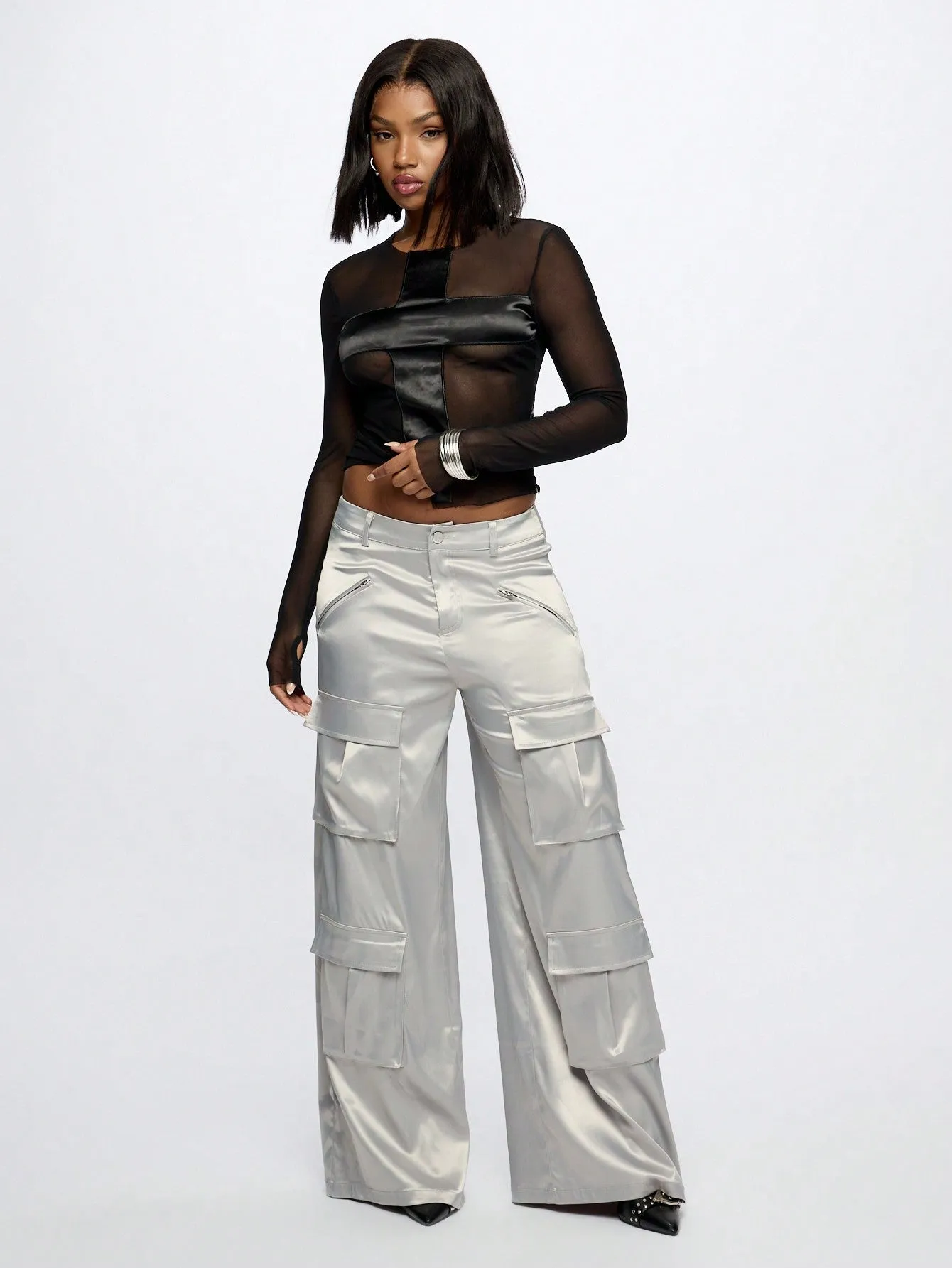 SUMWON WOMEN Metallic Satin Cargo Pants