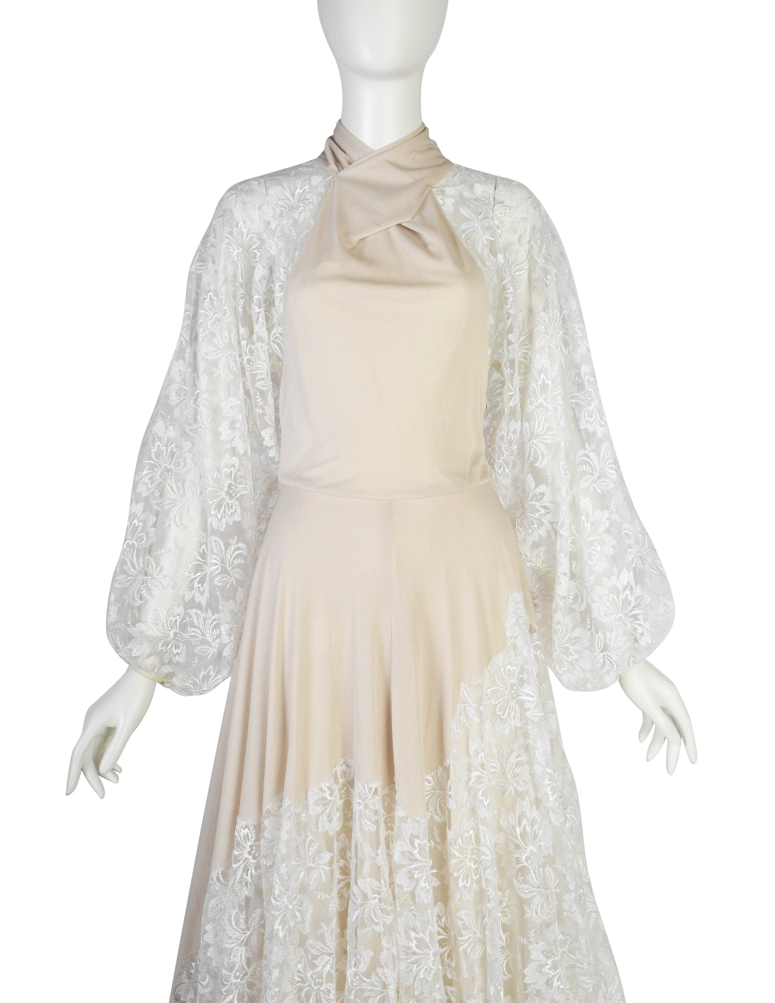 Vintage 1970s Floral Embroidered Mesh Balloon Sleeve and Ecru Jersey Train Gown