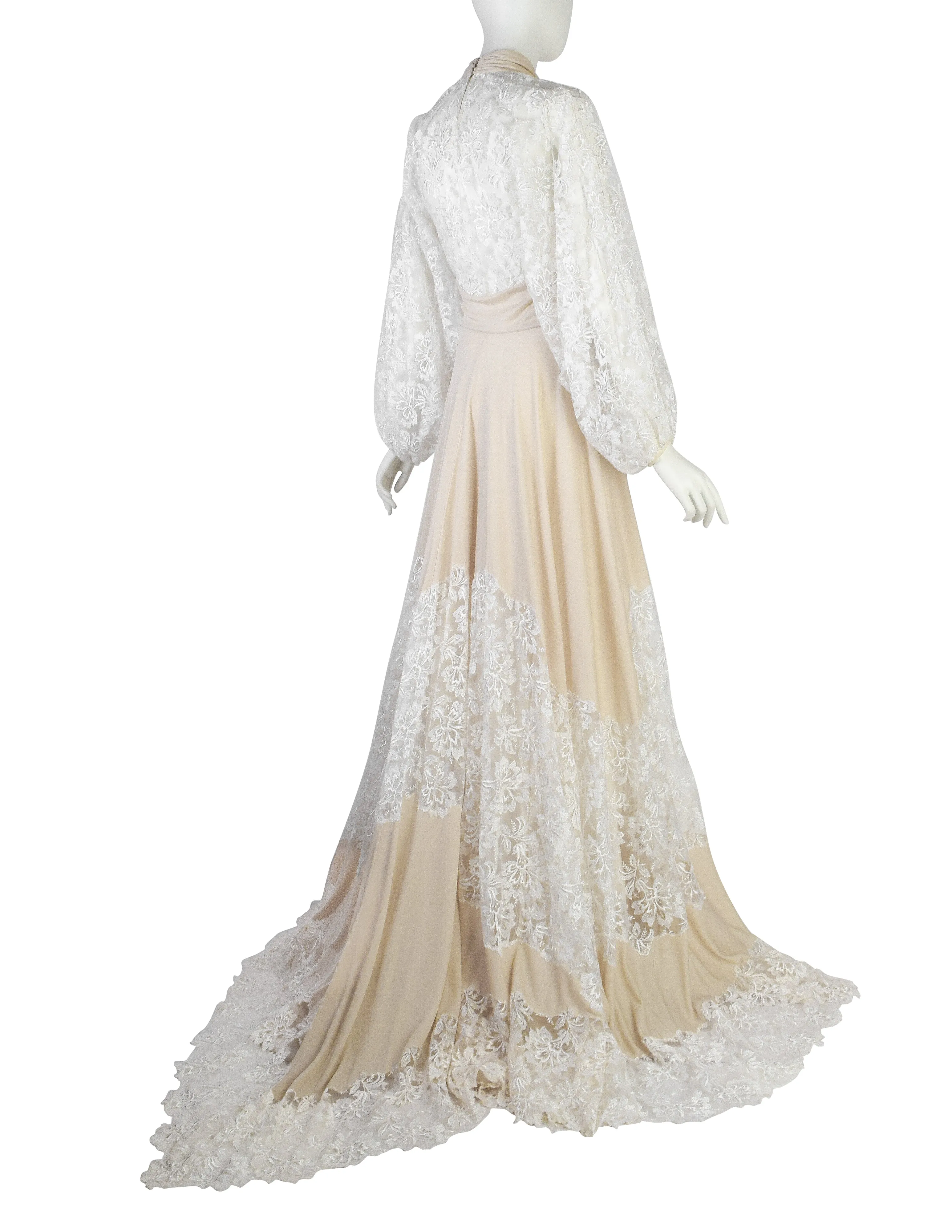 Vintage 1970s Floral Embroidered Mesh Balloon Sleeve and Ecru Jersey Train Gown