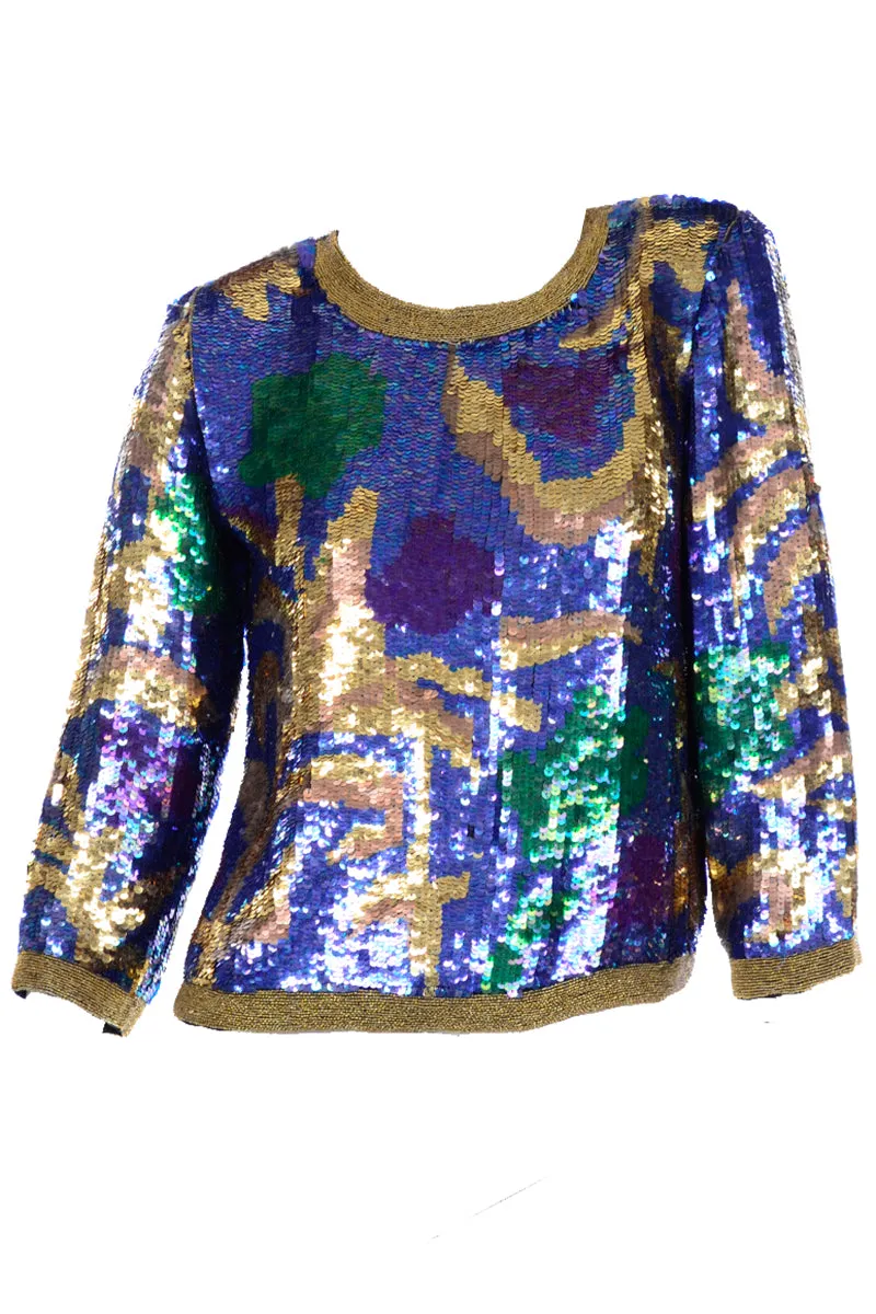 Vintage Pullover Beaded Top Covered in Abstract Colorful Sequins