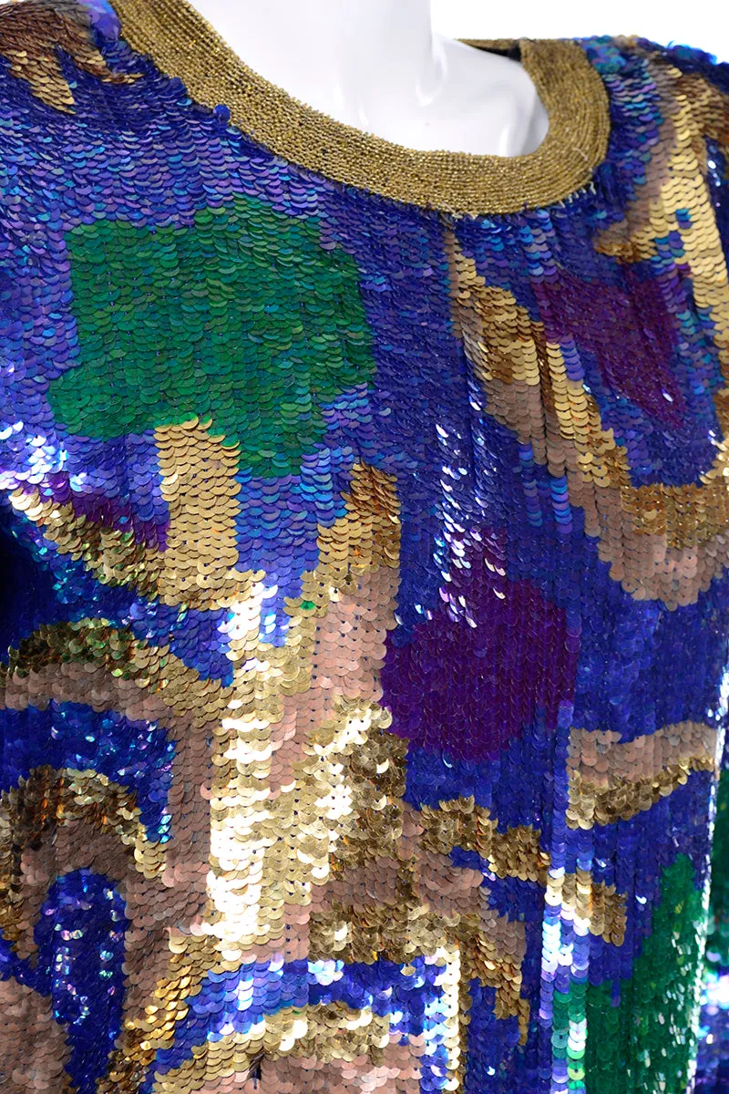 Vintage Pullover Beaded Top Covered in Abstract Colorful Sequins