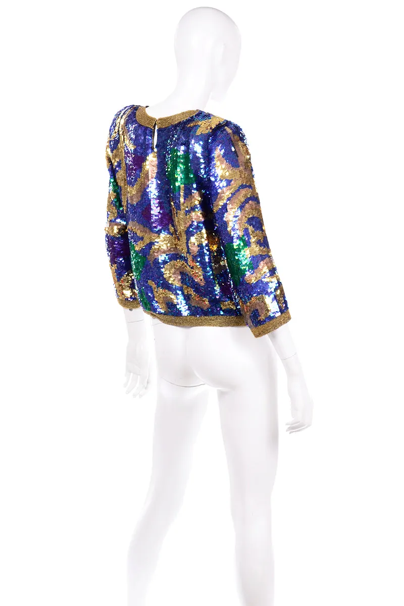 Vintage Pullover Beaded Top Covered in Abstract Colorful Sequins