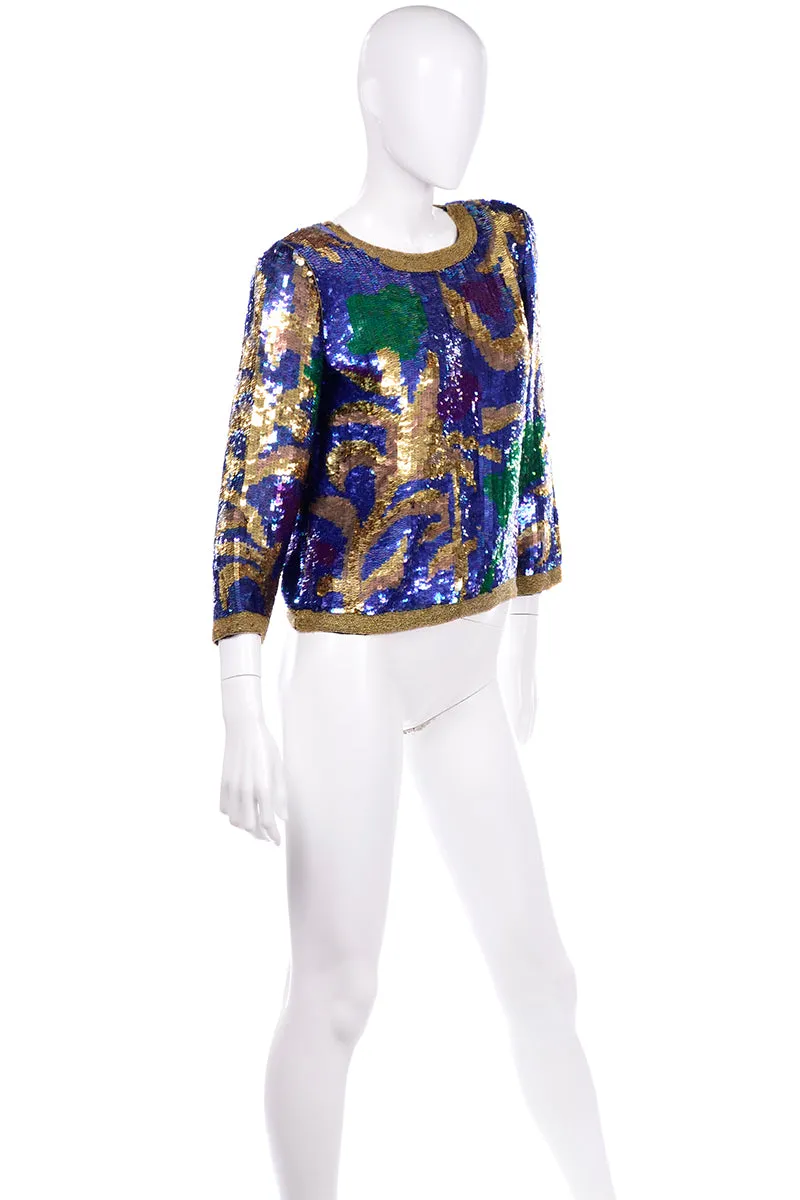 Vintage Pullover Beaded Top Covered in Abstract Colorful Sequins