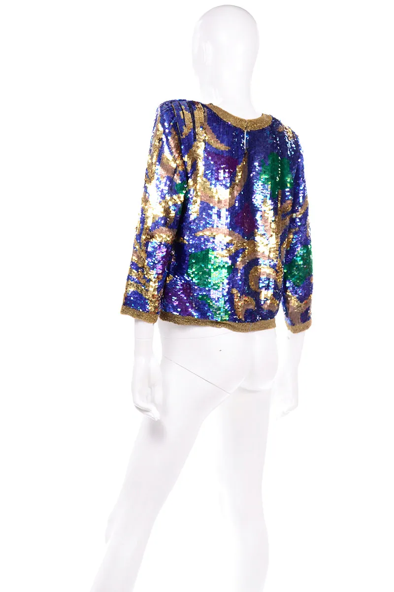 Vintage Pullover Beaded Top Covered in Abstract Colorful Sequins