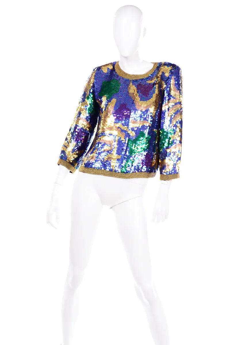 Vintage Pullover Beaded Top Covered in Abstract Colorful Sequins