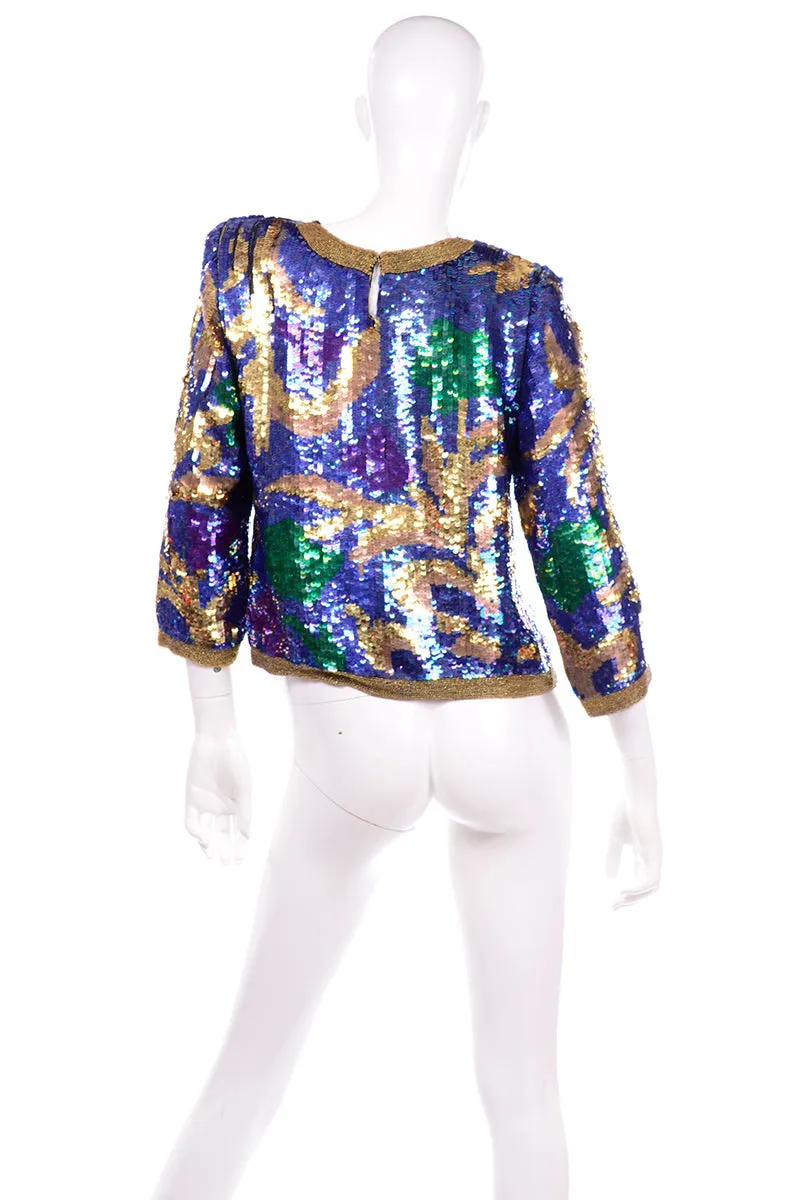 Vintage Pullover Beaded Top Covered in Abstract Colorful Sequins