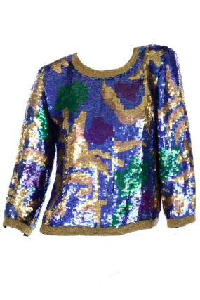 Vintage Pullover Beaded Top Covered in Abstract Colorful Sequins