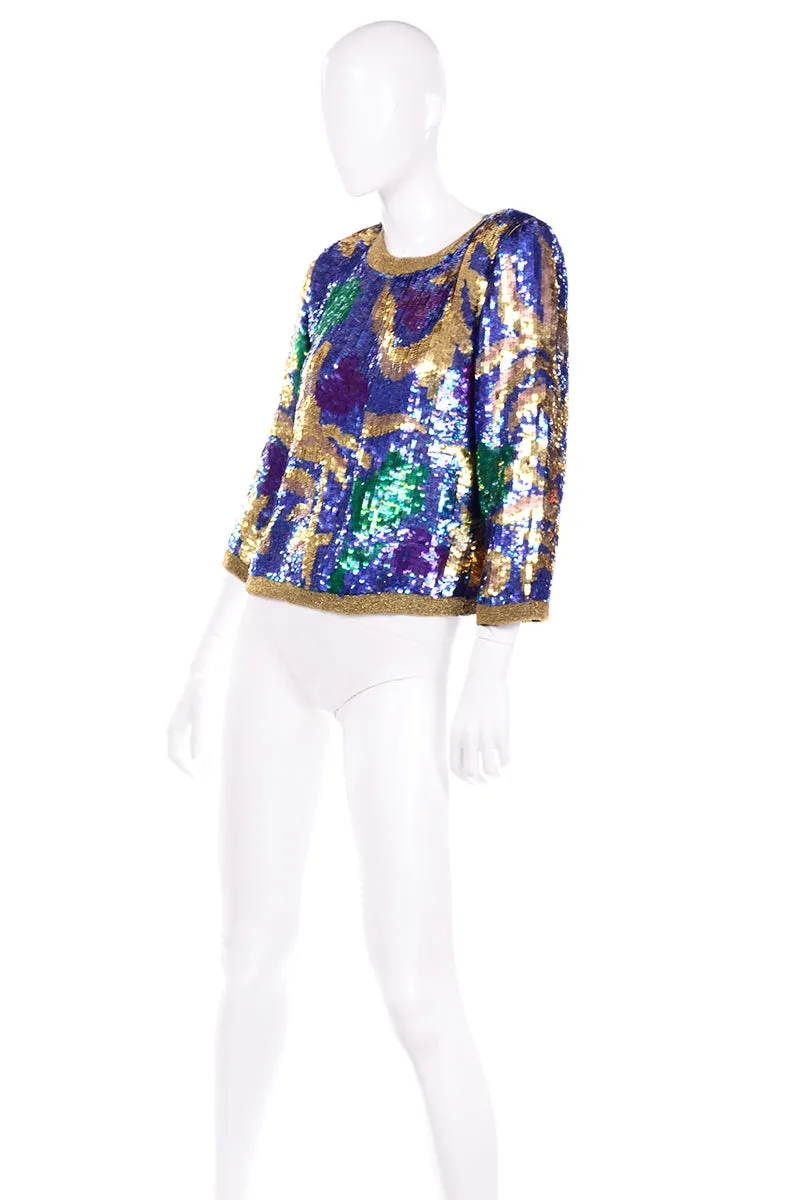 Vintage Pullover Beaded Top Covered in Abstract Colorful Sequins
