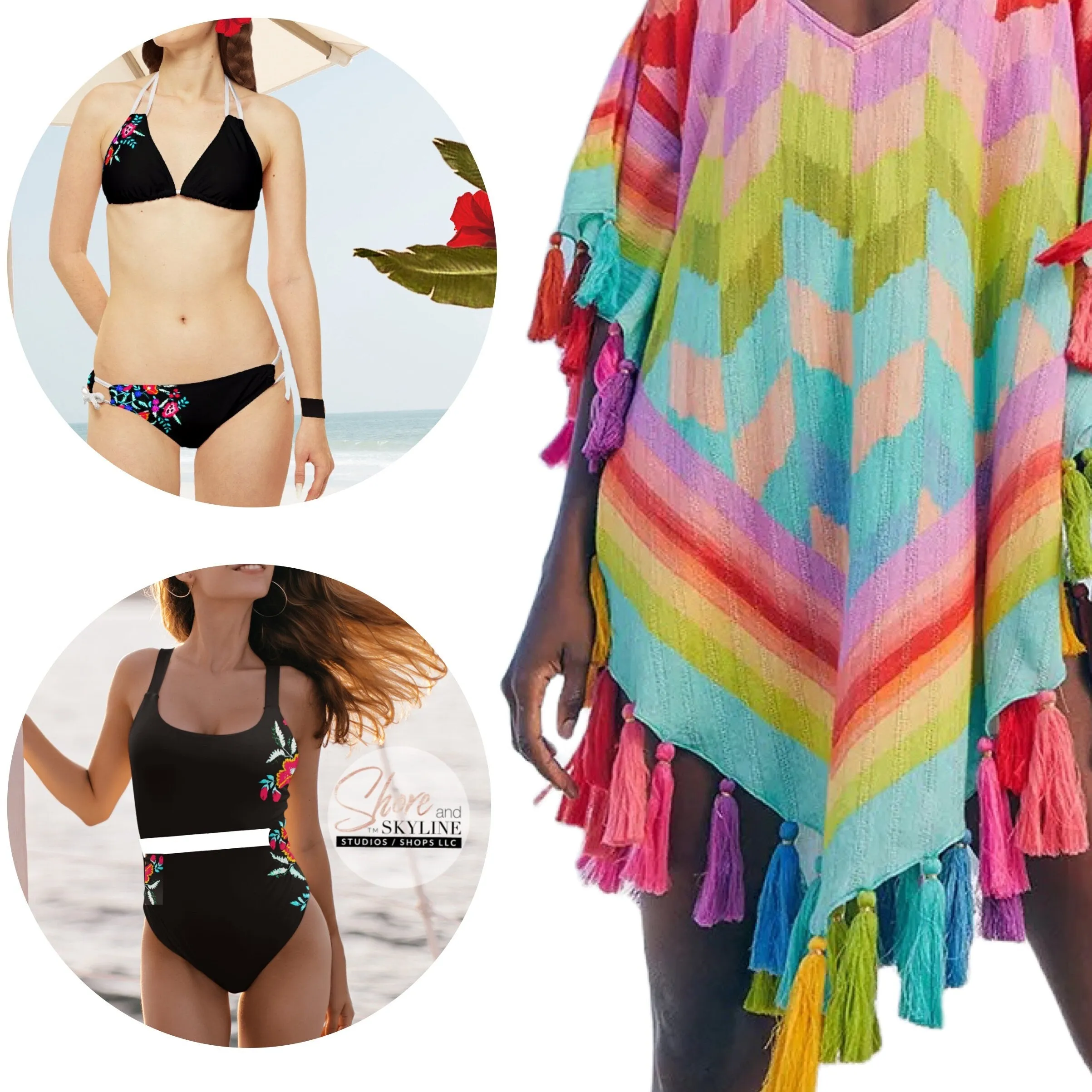 XS - 3XL Bamba REINA black one-piece swimsuit   white floral waist w shelf w/o cups globally sourced women flowers swimwear ShoreAndSkyline