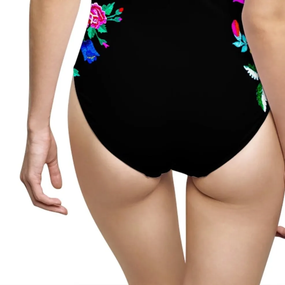 XS - 3XL Bamba REINA black one-piece swimsuit   white floral waist w shelf w/o cups globally sourced women flowers swimwear ShoreAndSkyline