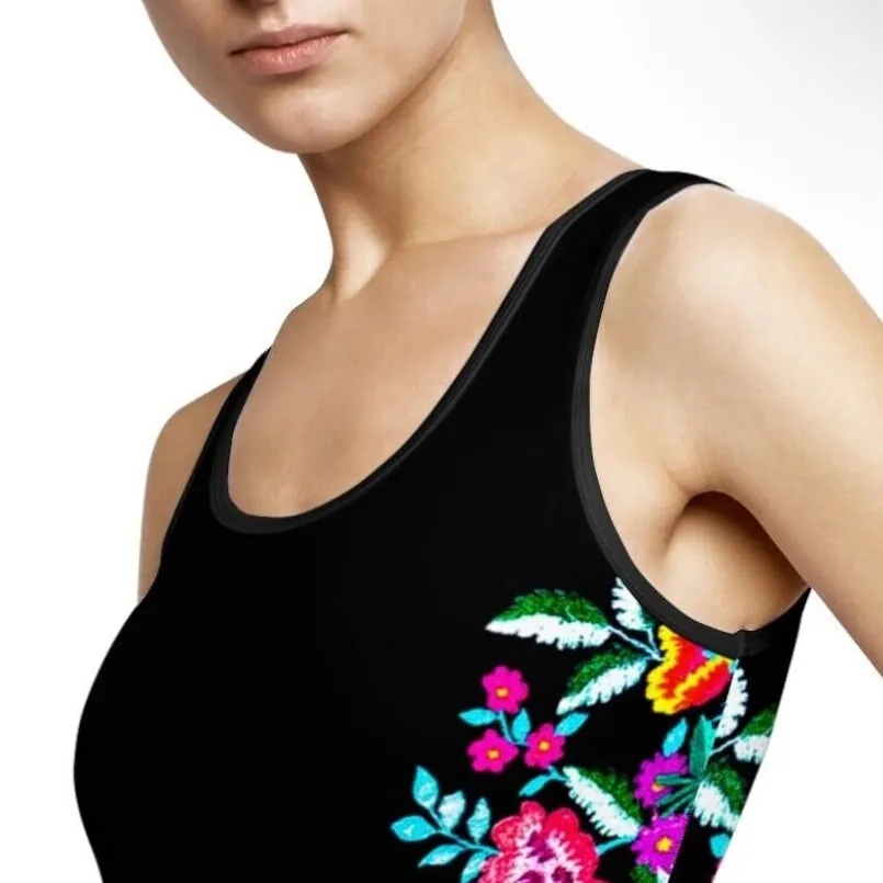 XS - 3XL Bamba REINA black one-piece swimsuit   white floral waist w shelf w/o cups globally sourced women flowers swimwear ShoreAndSkyline